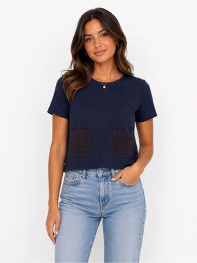 June navy blue short-sleeve crewneck top faux suede square front pockets, Size M